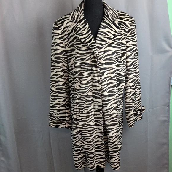 Mix It Black and Cream Animal Print Patterned Trench Coat New Large - Picture 2 of 12